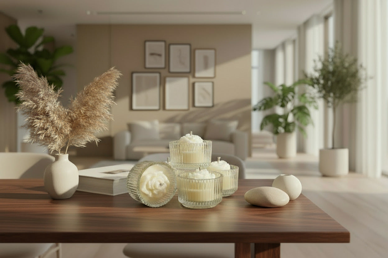 Duft-Teelicht im Glas mit kleiner Blume